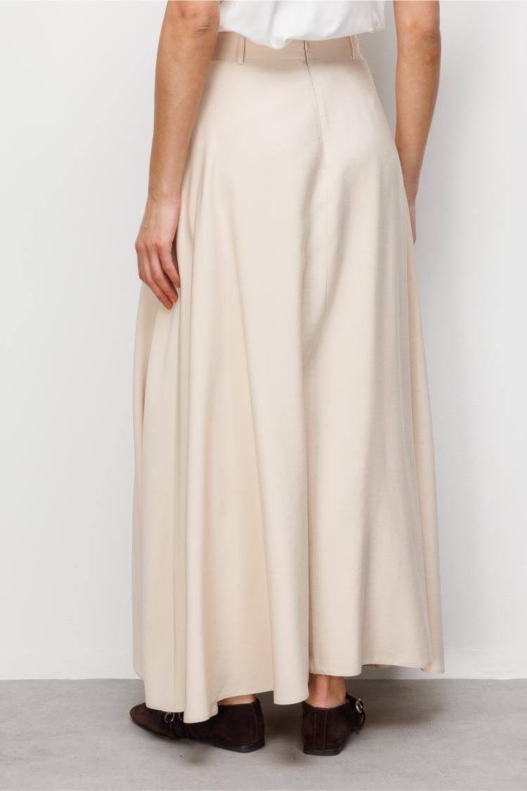 Mizalle Geniş Volanlı Cepli Bej Rengi Evaze Maksi Etek - 6