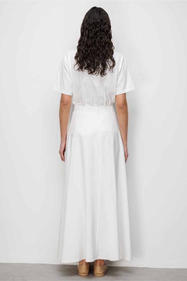 Mizalle Geniş Volanlı Cepli Beyaz Evaze Maksi Etek - Mizalle