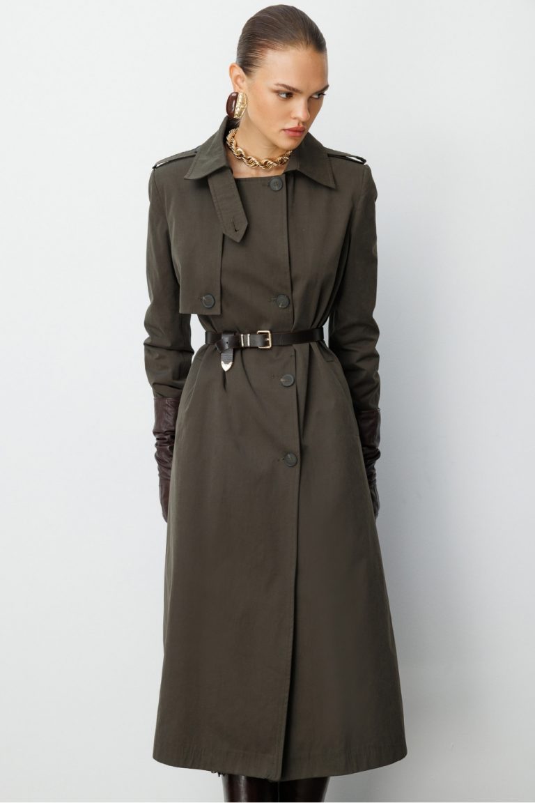 Mizalle Haki Apoletli Klasik Maxi Mac Trençkot - Mizalle
