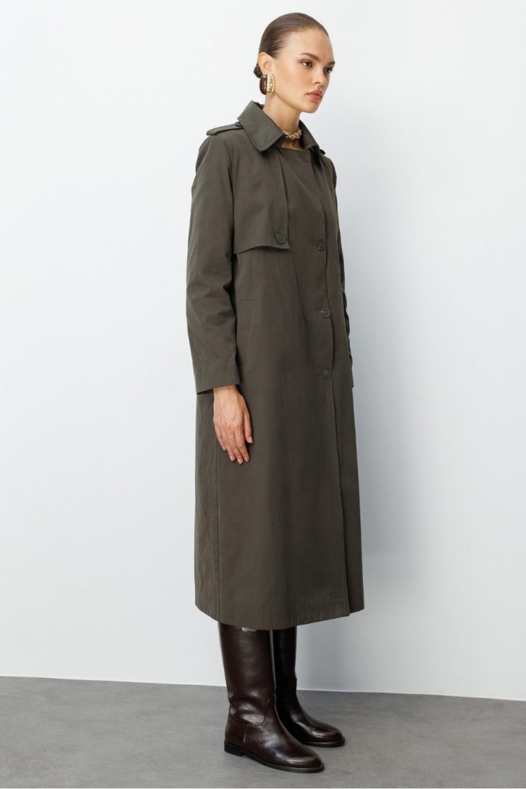 Mizalle Haki Apoletli Klasik Maxi Mac Trençkot - Mizalle