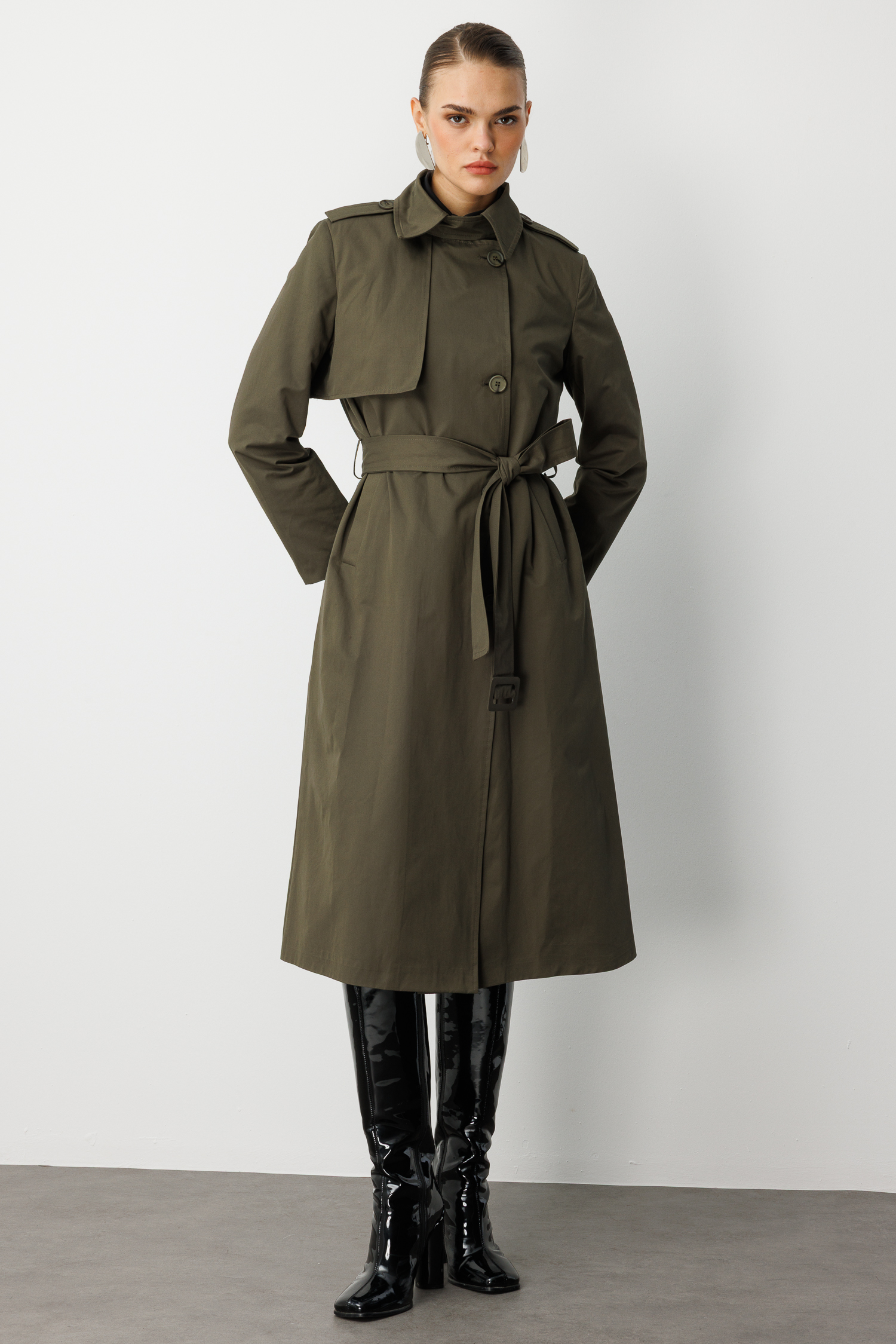 Mizalle - Mizalle Haki Apoletli Klasik Maxi Mac Trençkot