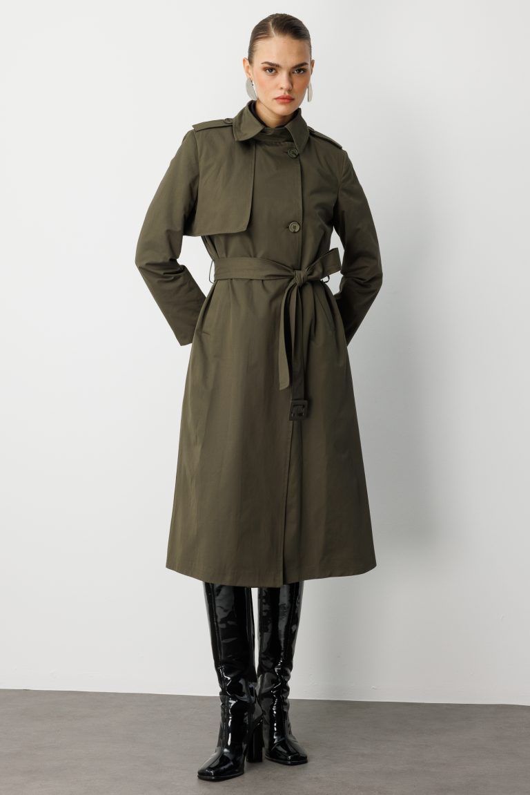 Mizalle Haki Apoletli Klasik Maxi Mac Trençkot - Mizalle