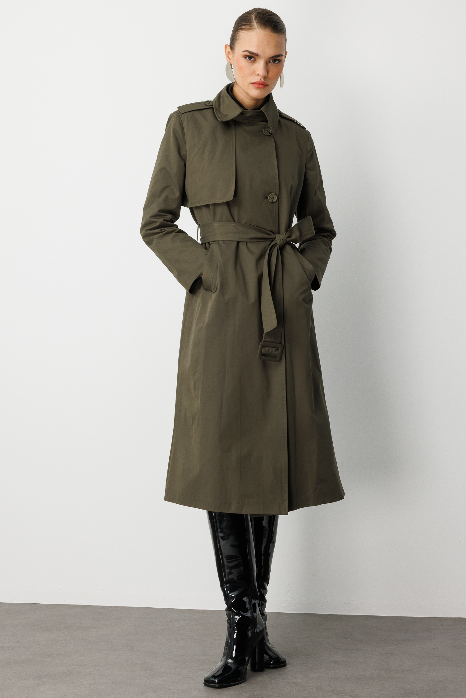 Mizalle Haki Apoletli Klasik Maxi Mac Trençkot - 8