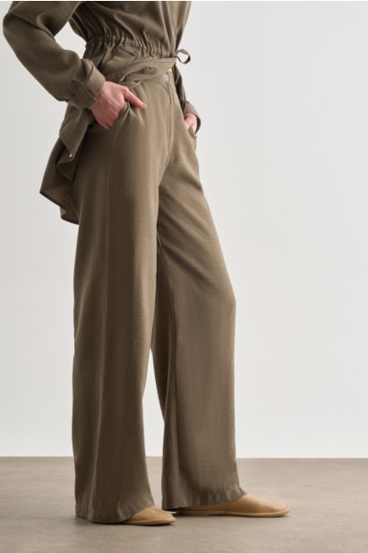 Mizalle Haki Rahat Kesim Geniş Paçalı Modal Pantolon - Mizalle