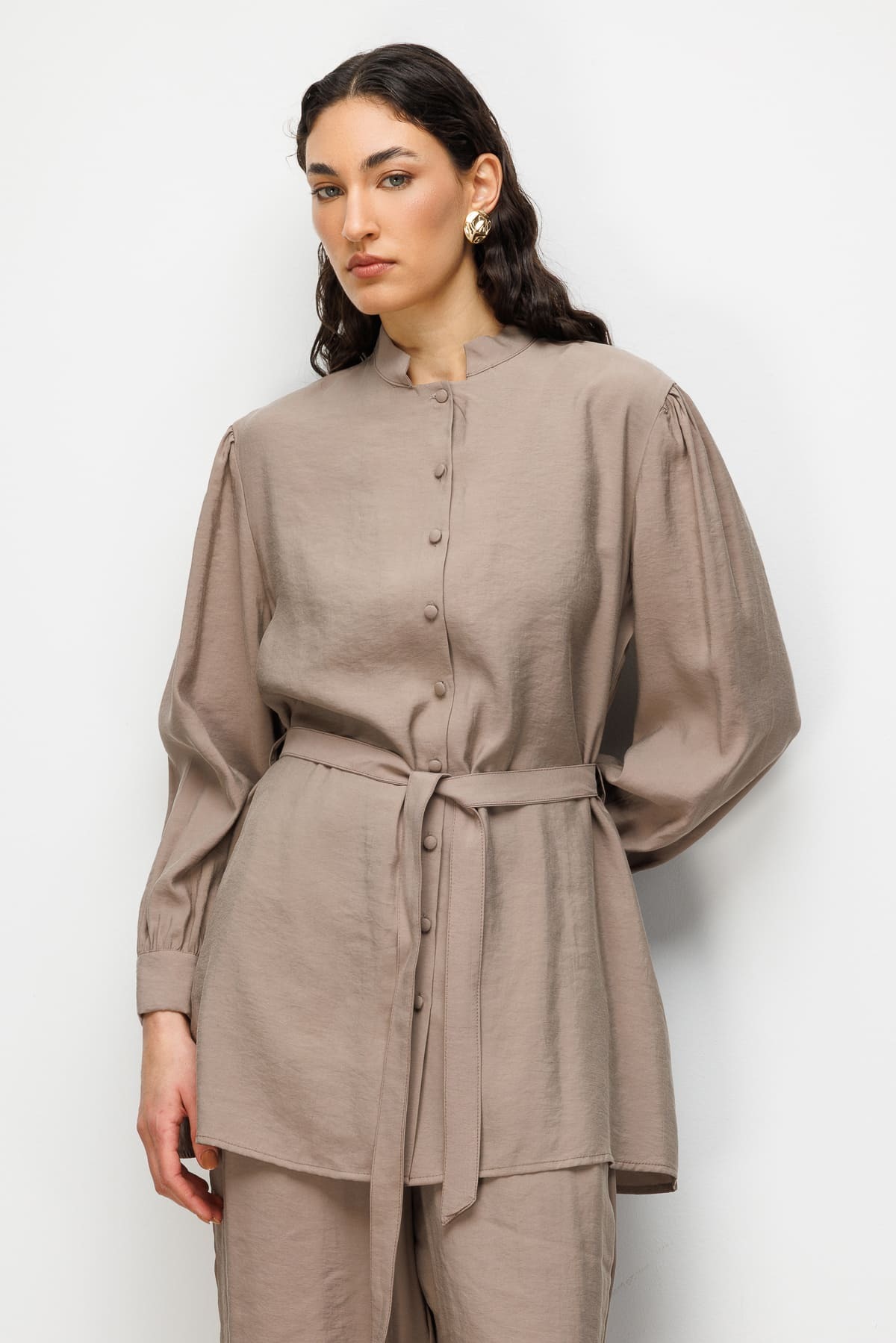 Mizalle Hakim Yaka Modal Dokulu Bej Rengi Tunik - 5