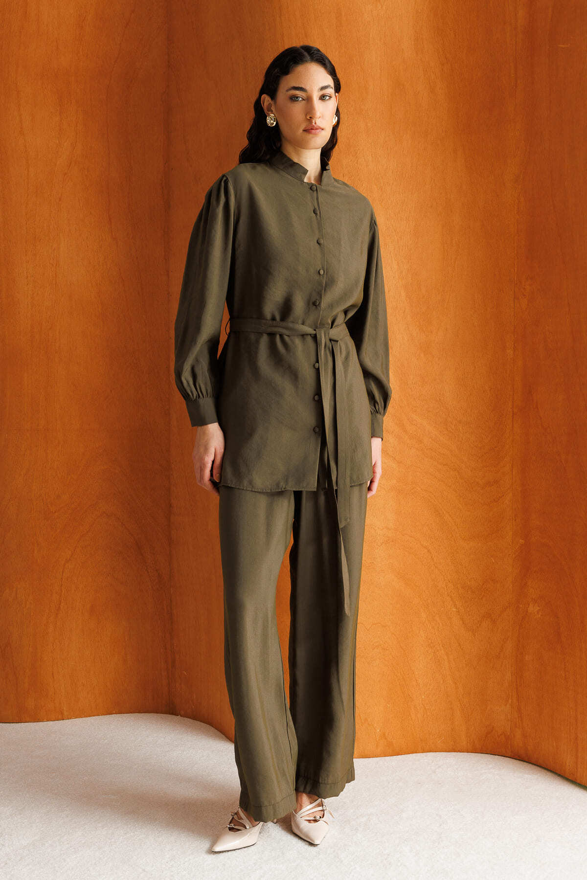 Mizalle Hakim Yaka Modal Dokulu Haki Tunik - Mizalle