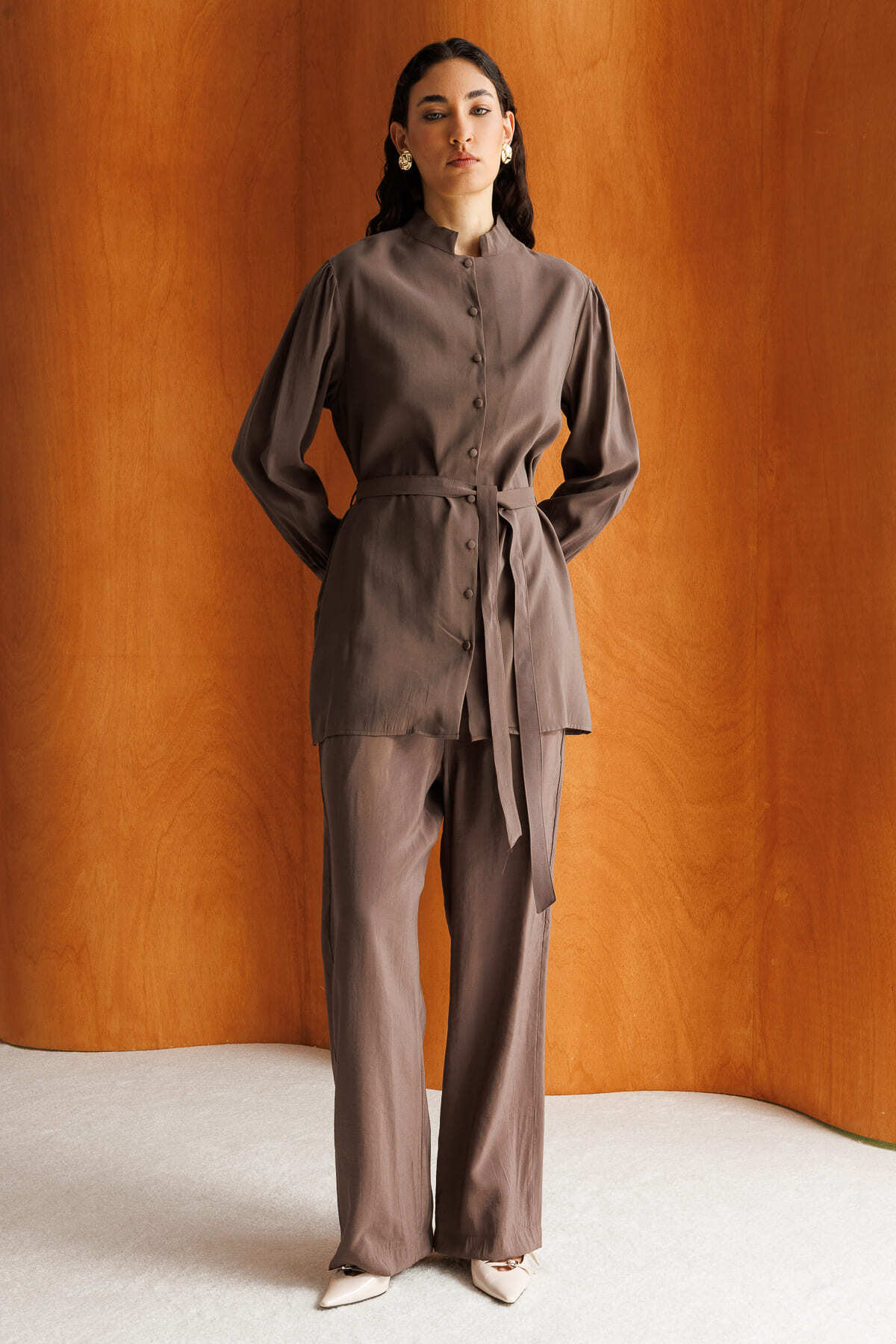 Mizalle Hakim Yaka Modal Dokulu Kahverengi Tunik - 3