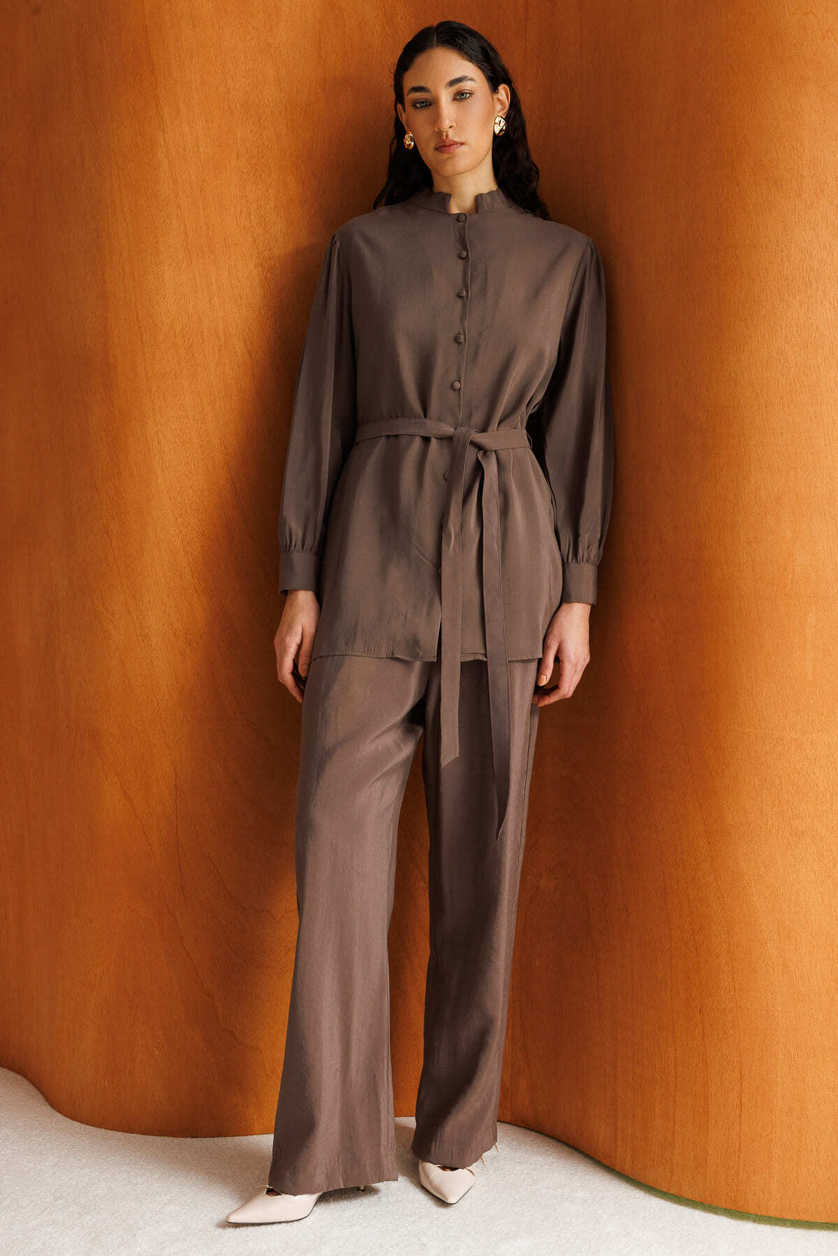 Mizalle Hakim Yaka Modal Dokulu Kahverengi Tunik - 5