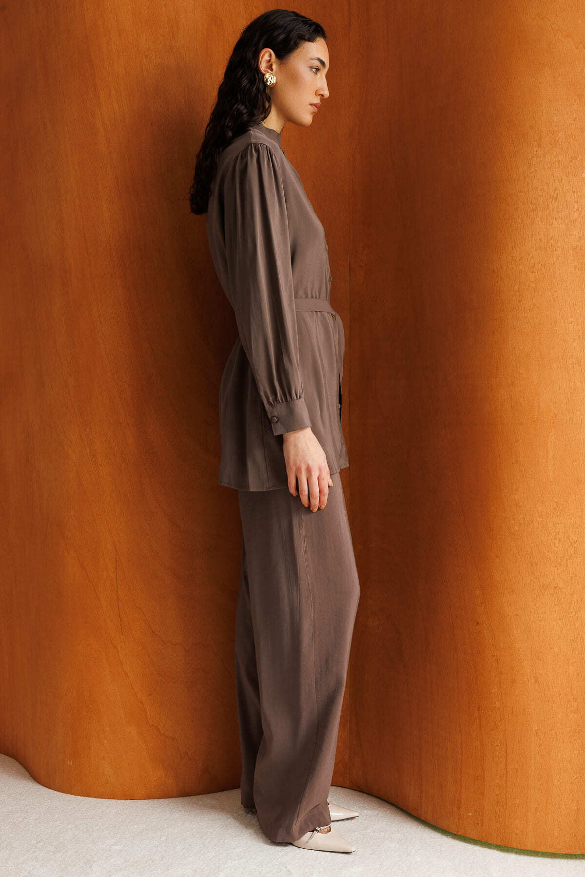 Mizalle Hakim Yaka Modal Dokulu Kahverengi Tunik - 6