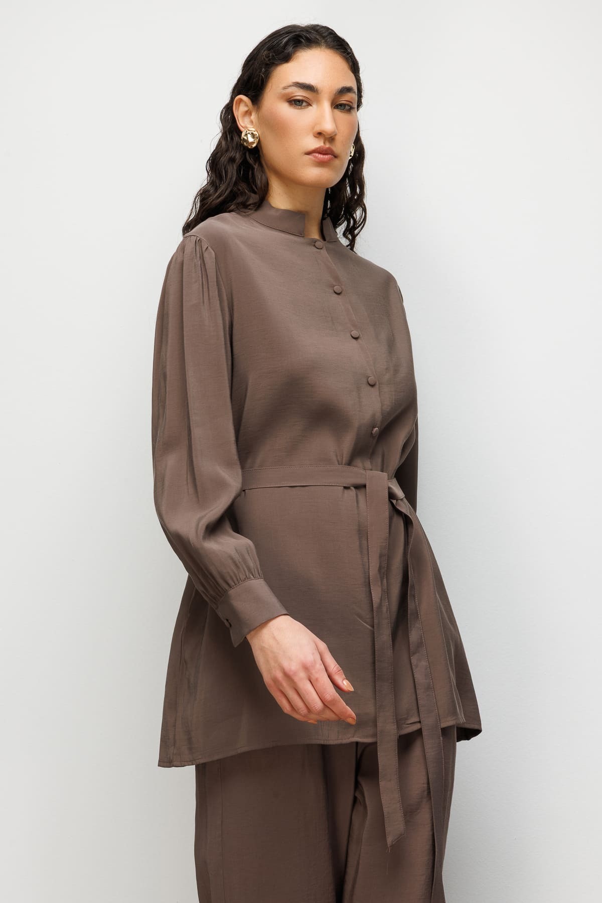 Mizalle Hakim Yaka Modal Dokulu Kahverengi Tunik - 7