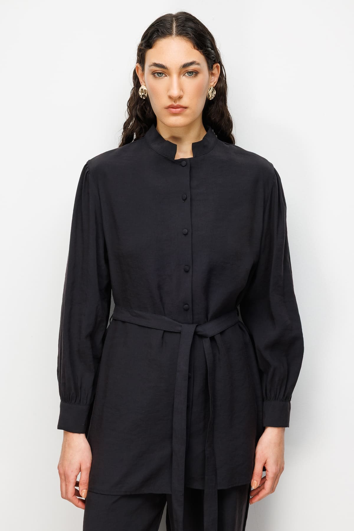 Mizalle Hakim Yaka Modal Dokulu Siyah Tunik - 5