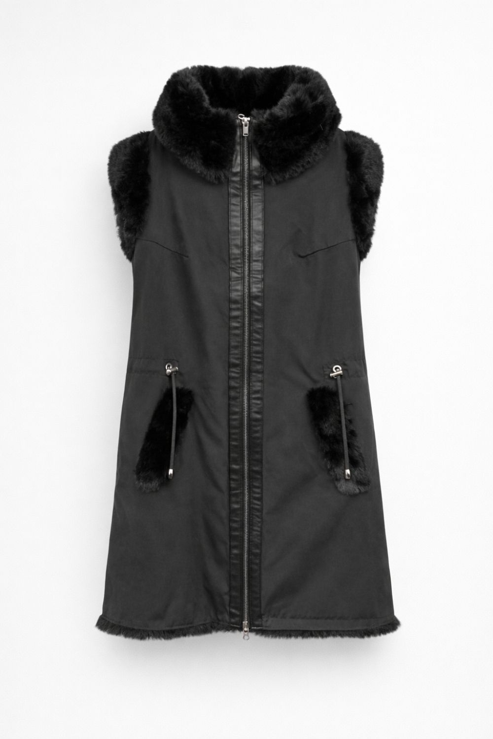 Mizalle İçi Kürklü Bel Büzgülü Uzun Siyah Yelek - Mizalle