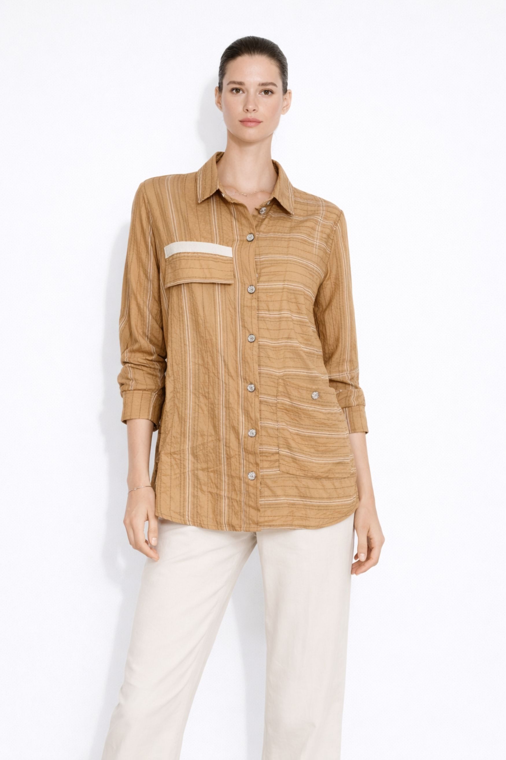 Mizalle İnce Çizgili Camel Cepli Tunik Gömlek - 1