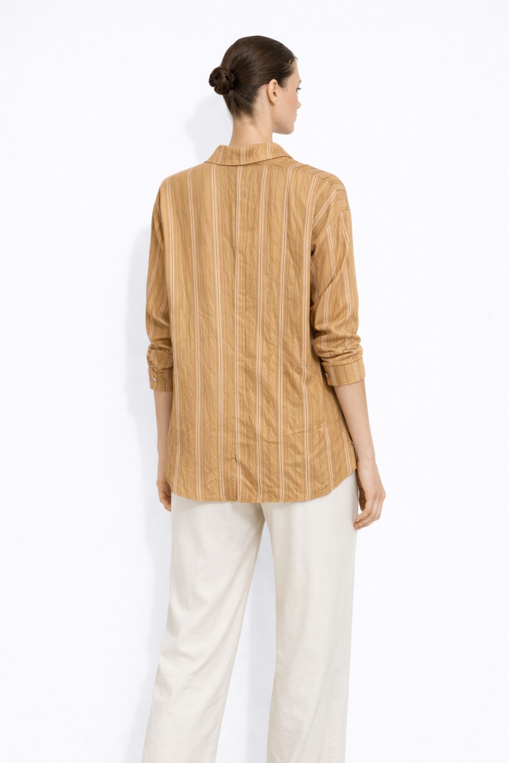 Mizalle İnce Çizgili Camel Cepli Tunik Gömlek - 3