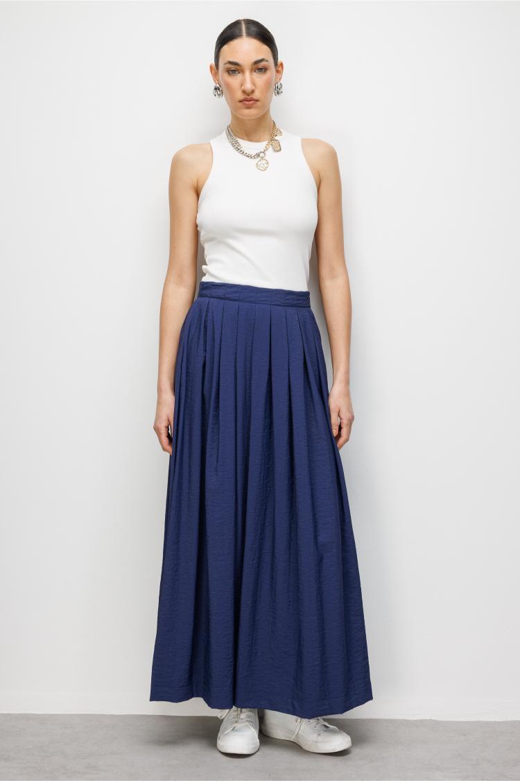 Mizalle İnce Piliseli Lacivert Maksi Yazlık Etek - 1