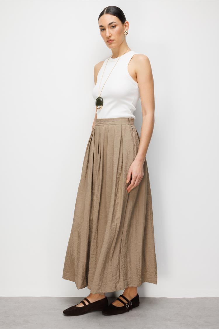 Mizalle İnce Piliseli Vizon Rengi Maksi Yazlık Etek - 2