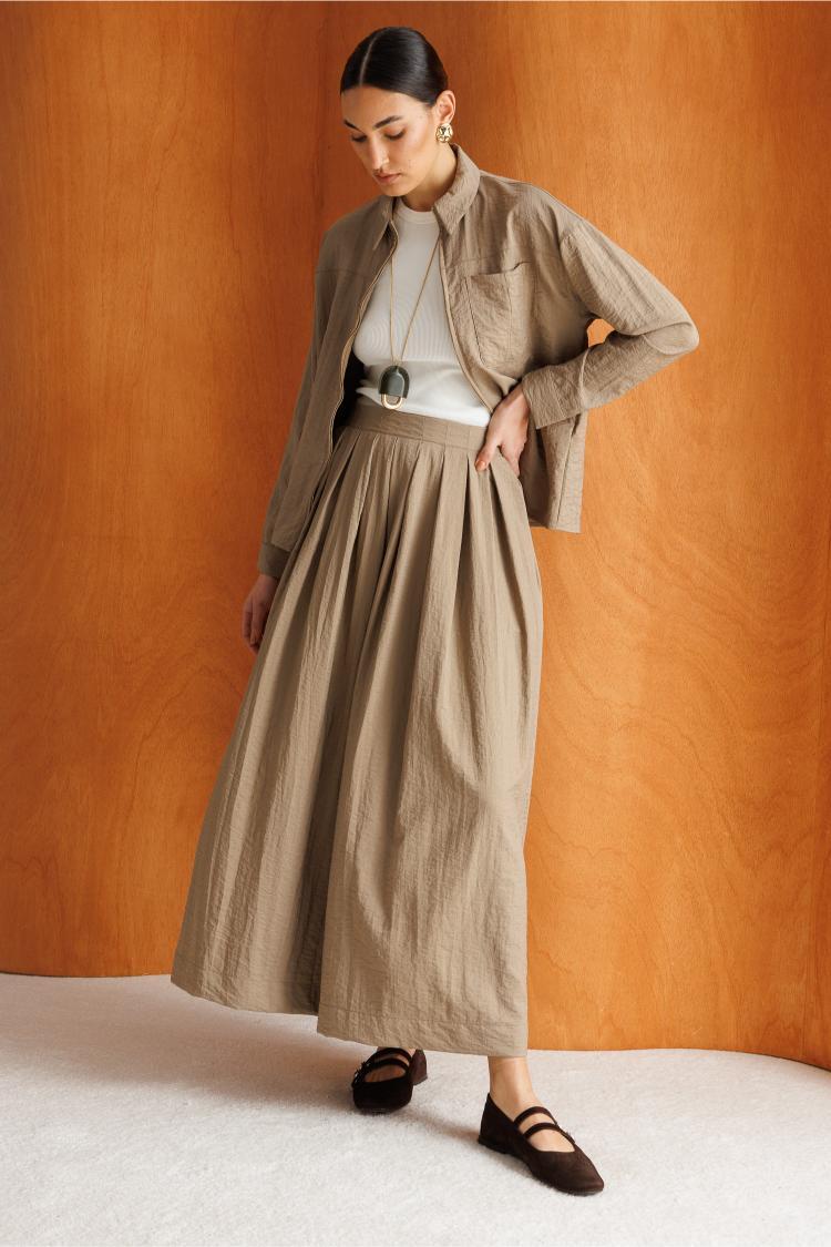 Mizalle İnce Piliseli Vizon Rengi Maksi Yazlık Etek - Mizalle