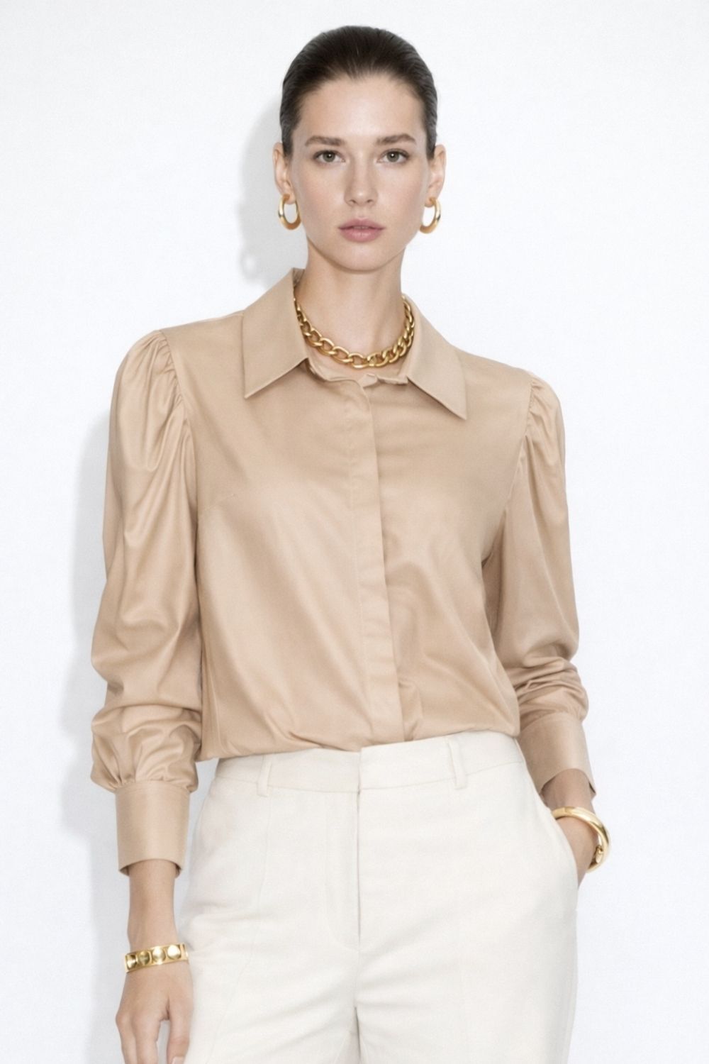 Mizalle İnci Düğmeli Camel Saten Gömlek Tunik - Mizalle