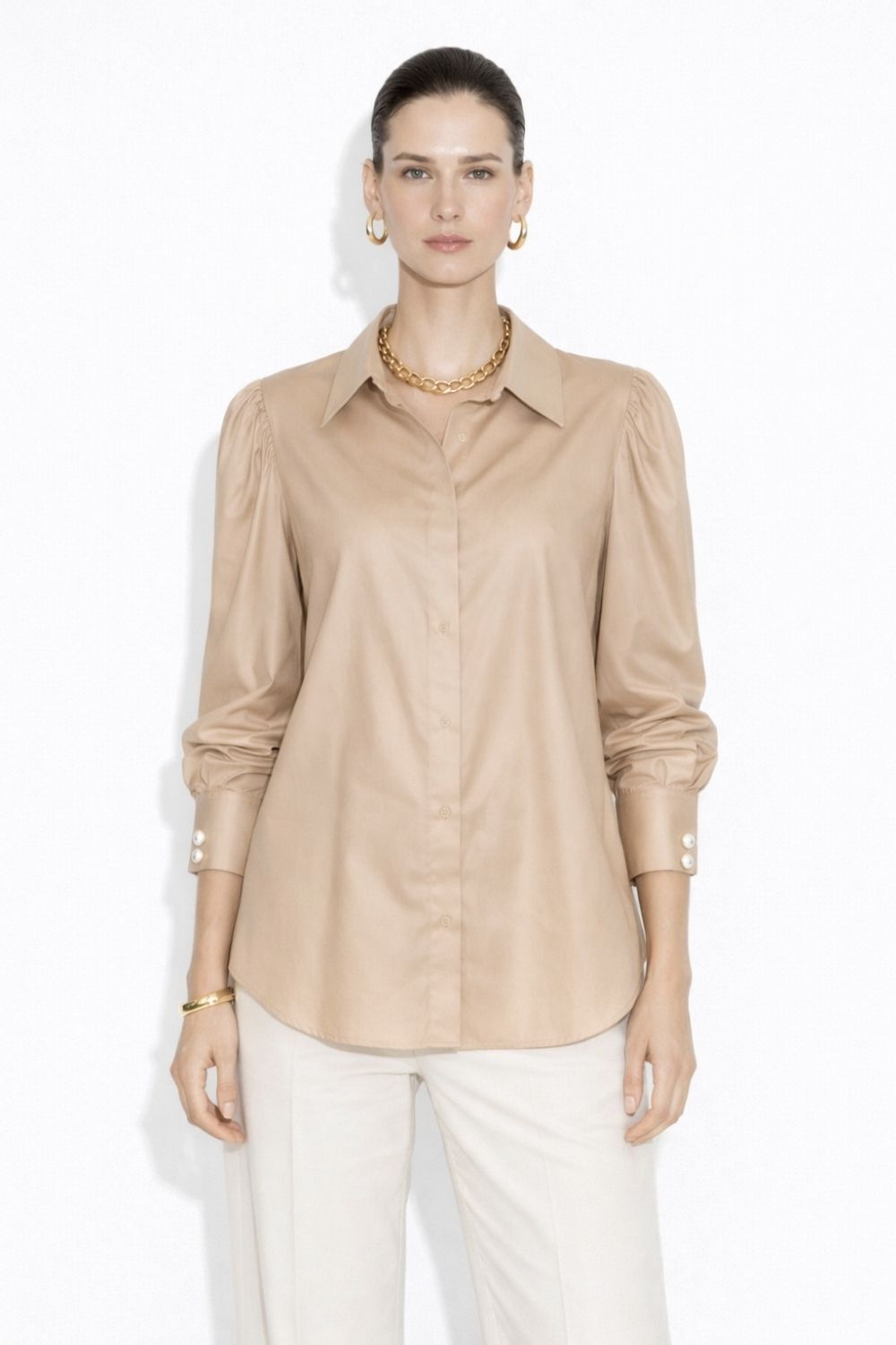 Mizalle İnci Düğmeli Camel Saten Gömlek Tunik - 3