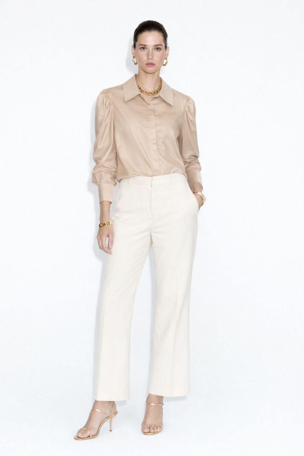 Mizalle İnci Düğmeli Camel Saten Gömlek Tunik - Mizalle