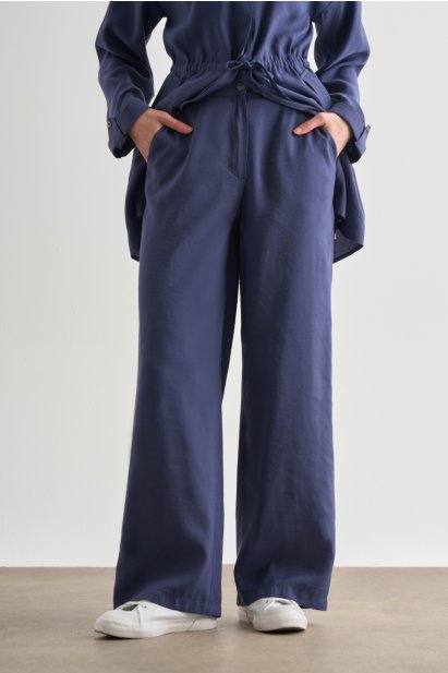 Mizalle İndigo Mavi Rahat Kesim Geniş Paçalı Modal Pantolon - Mizalle