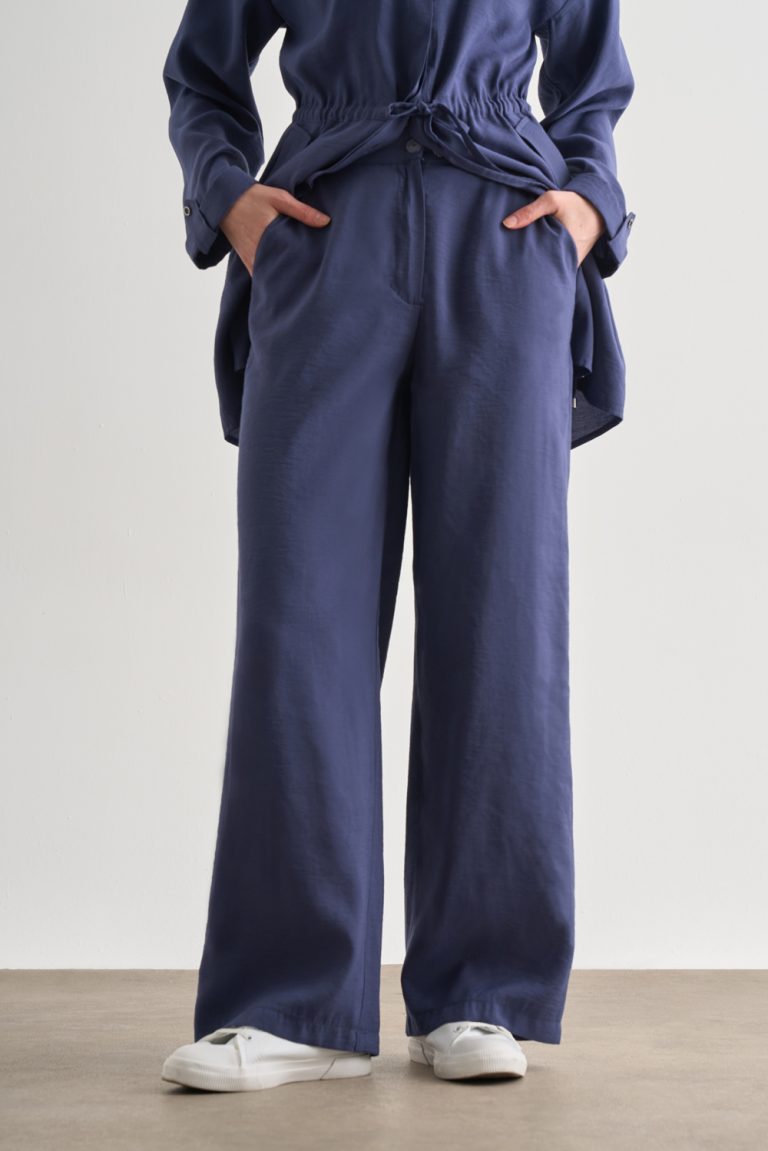 Mizalle İndigo Mavi Rahat Kesim Geniş Paçalı Modal Pantolon - Mizalle