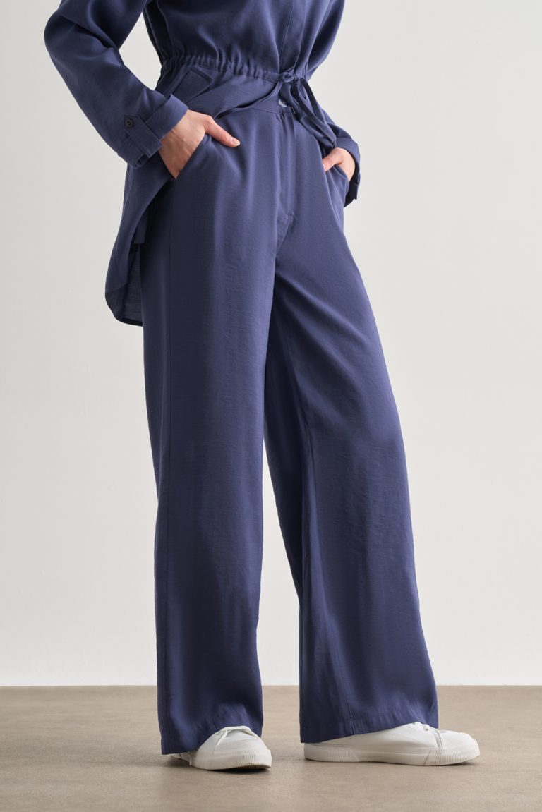 Mizalle İndigo Mavi Rahat Kesim Geniş Paçalı Modal Pantolon - Mizalle