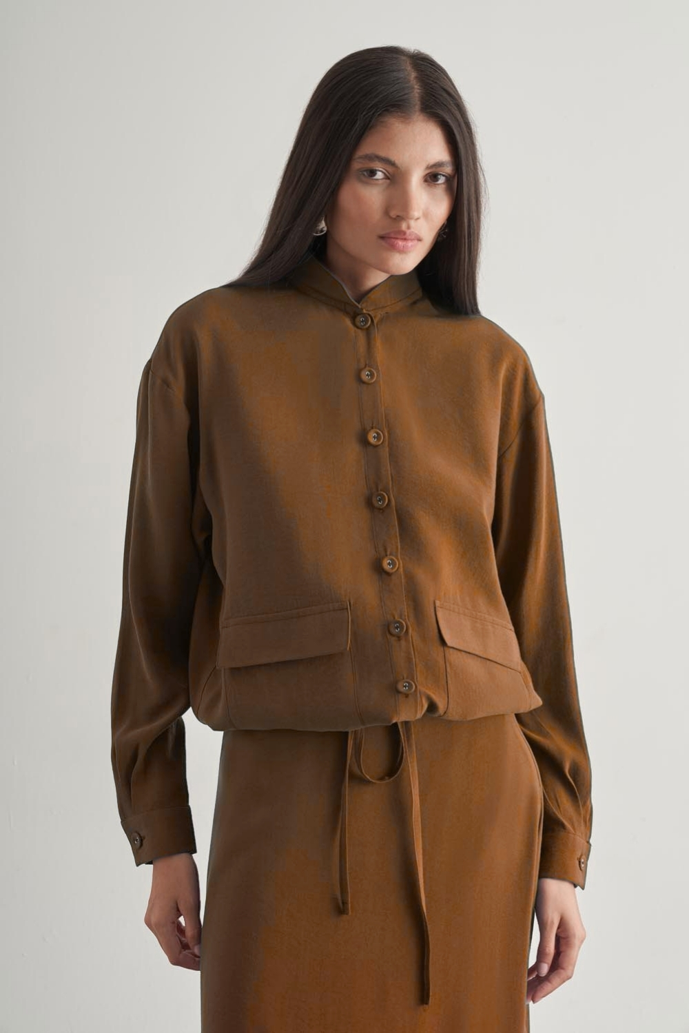 Mizalle - Mizalle İp Büzgülü Torba Cepli Modal Karışımlı Camel Ceket Mizalle - Mizalle İp Büzgülü Torba Cepli Modal Karışımlı Camel Ceket