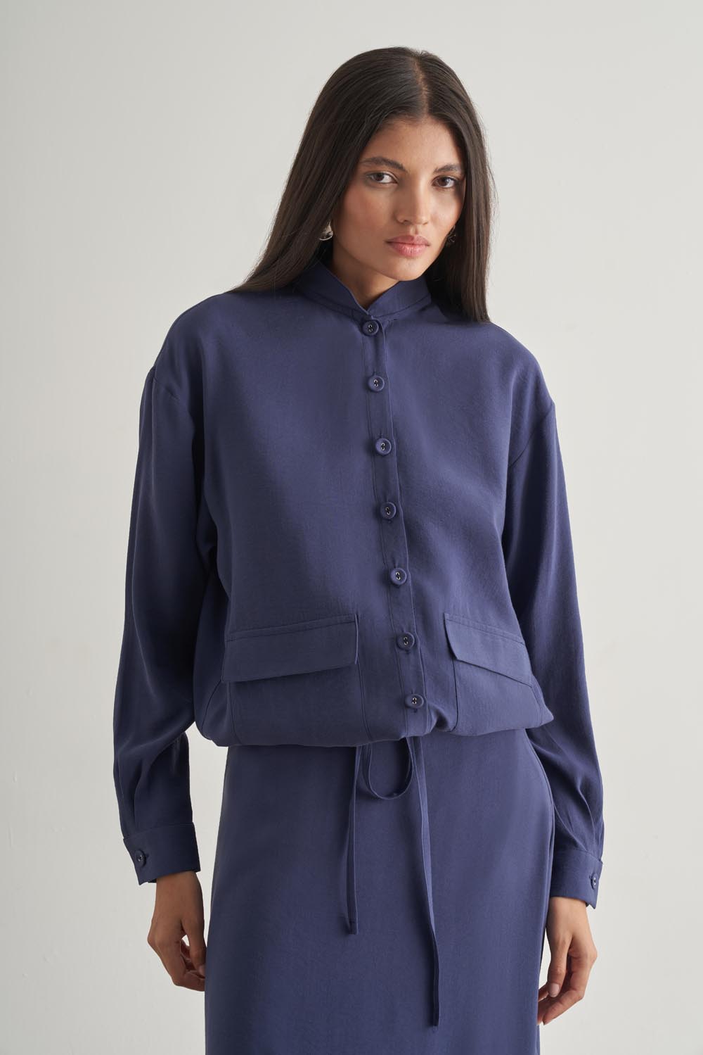 Mizalle İp Büzgülü Torba Cepli Modal Karışımlı İndigo Mavi Ceket - Mizalle