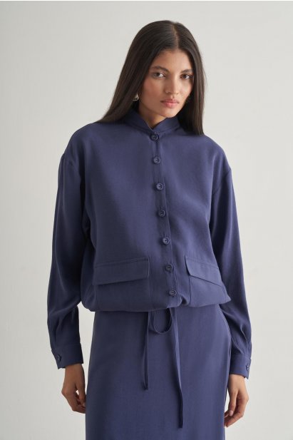 Mizalle İp Büzgülü Torba Cepli Modal Karışımlı İndigo Mavi Ceket - Mizalle