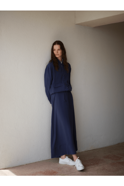 Mizalle İp Büzgülü Torba Cepli Modal Karışımlı İndigo Mavi Ceket - Mizalle