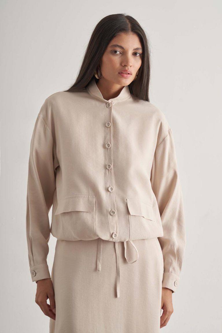 Mizalle İp Büzgülü Torba Cepli Modal Karışımlı Taş Rengi Ceket - Mizalle