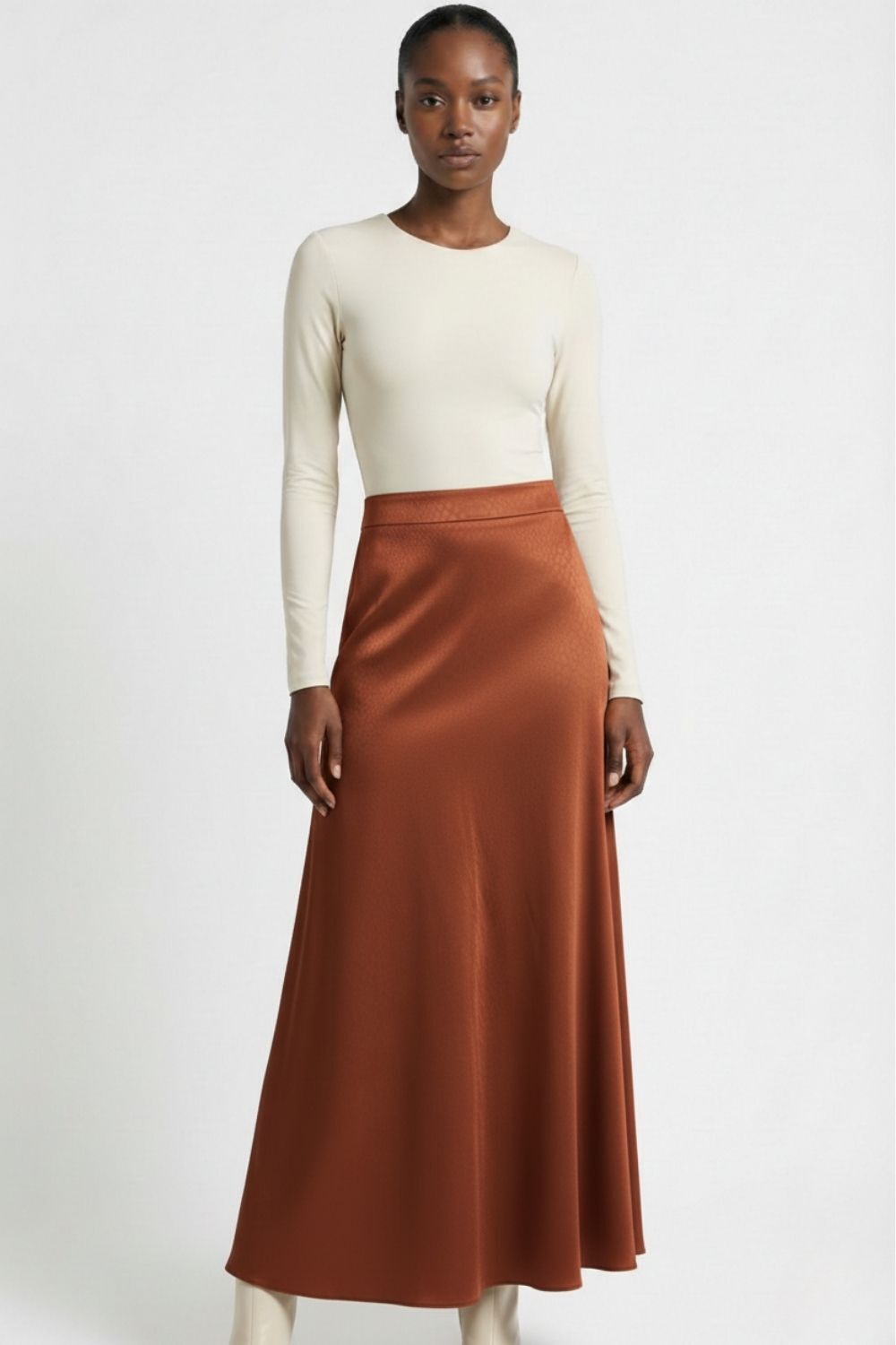 Mizalle Jakarlı Kiremit Rengi Maksi Etek - 1