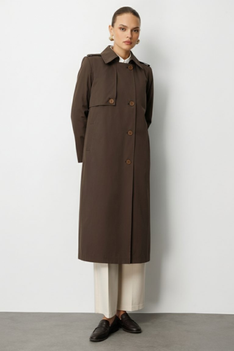 Mizalle Kahverengi Apoletli Klasik Maxi Mac Trençkot - Mizalle