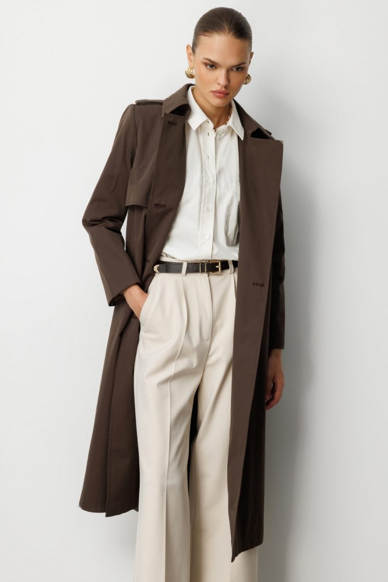 Mizalle Kahverengi Apoletli Klasik Maxi Mac Trençkot - Mizalle