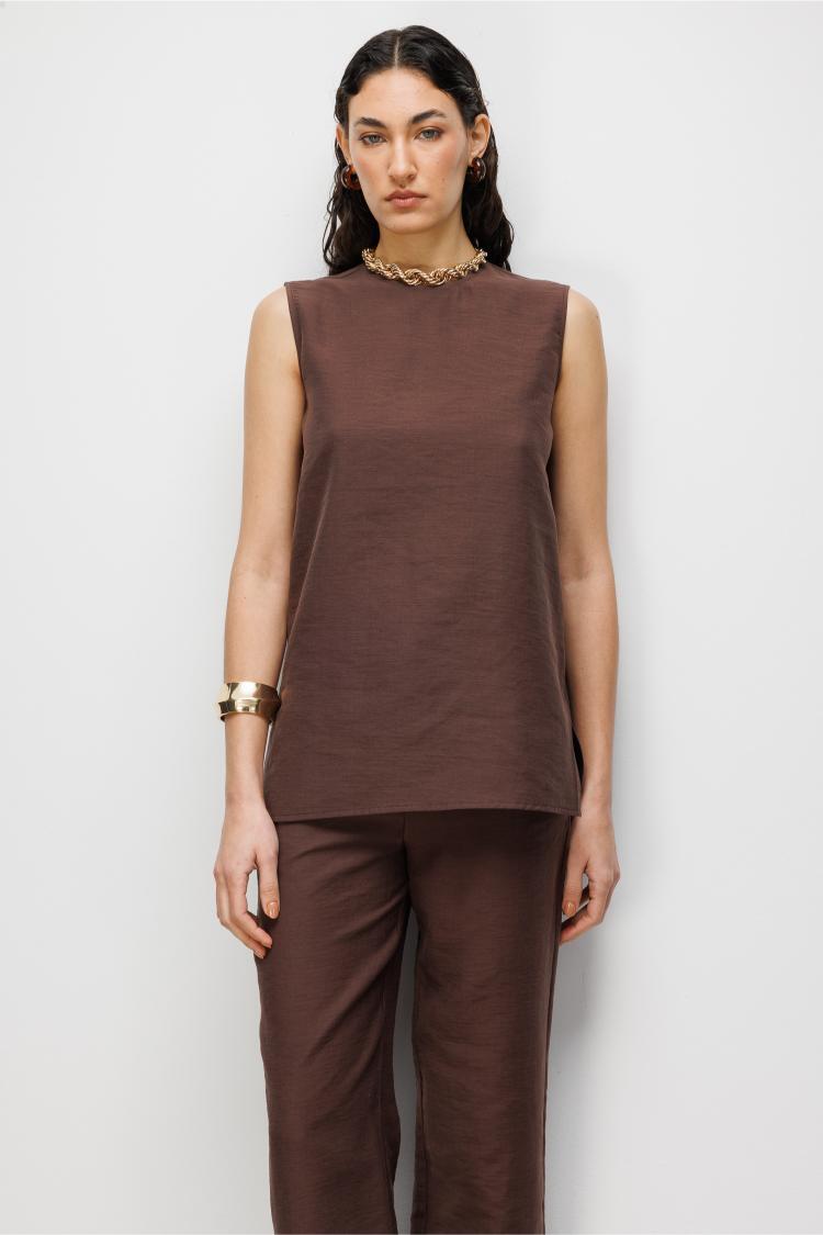 Mizalle Kahverengi Kolsuz Basic Bluz - 2