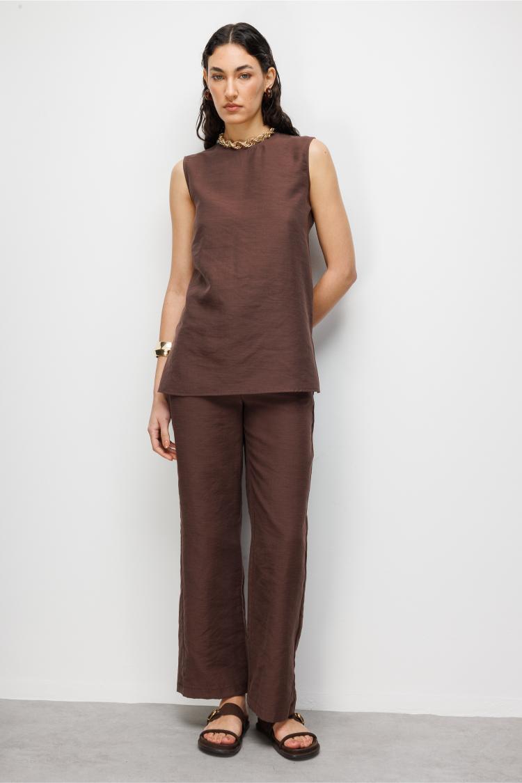 Mizalle Kahverengi Kolsuz Basic Bluz - 4