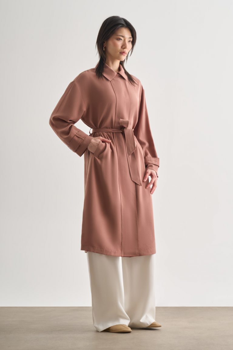 Mizalle Karamel Rengi Geniş Patlı Uzun Kuşaklı Gömlek Üst - Mizalle