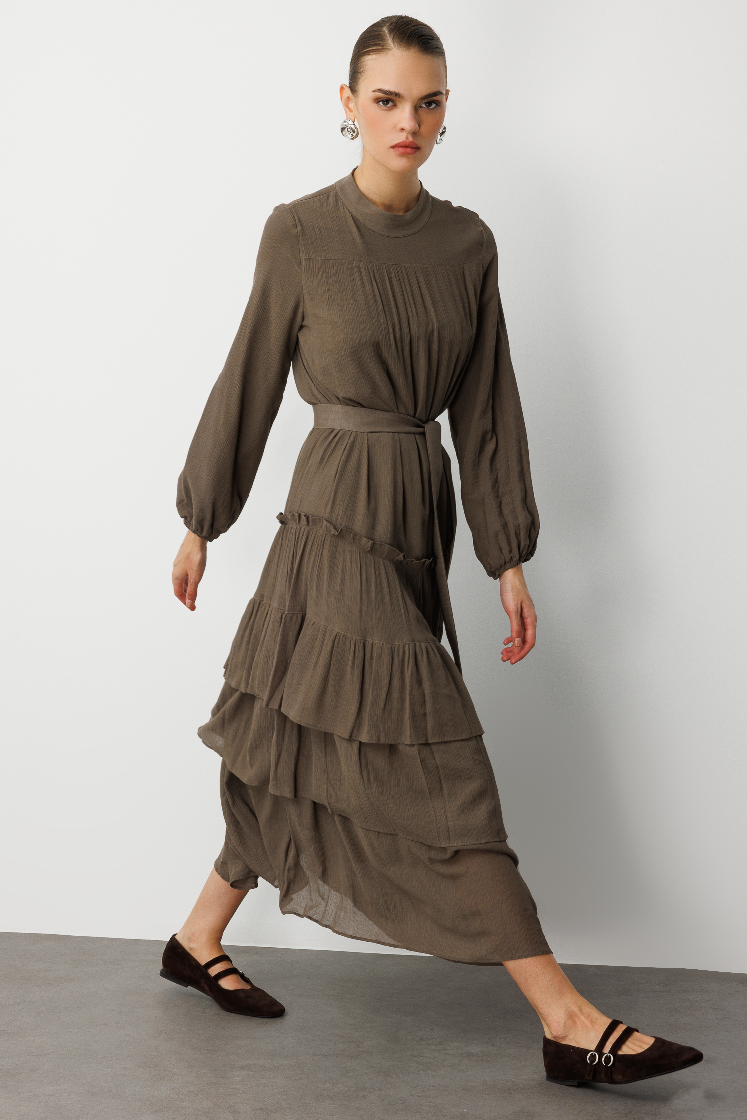 Mizalle - Mizalle Kat Pileli Maksi Haki Elbise