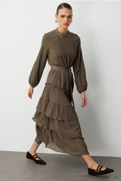 Mizalle Kat Pileli Maksi Haki Elbise - Mizalle