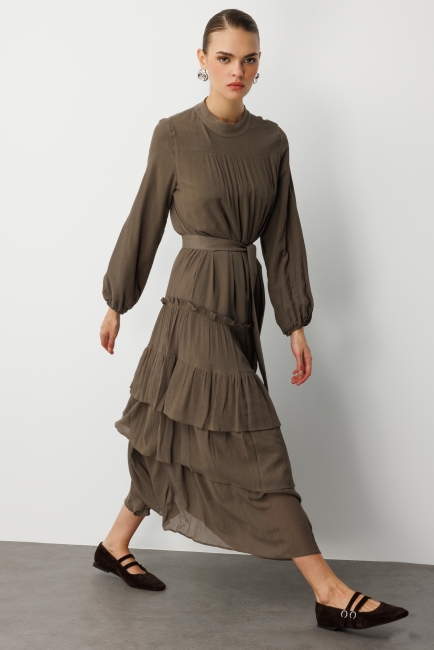 Mizalle - Mizalle Kat Pileli Maksi Haki Elbise