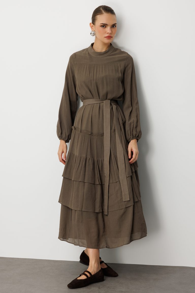 Mizalle Kat Pileli Maksi Haki Elbise - Mizalle