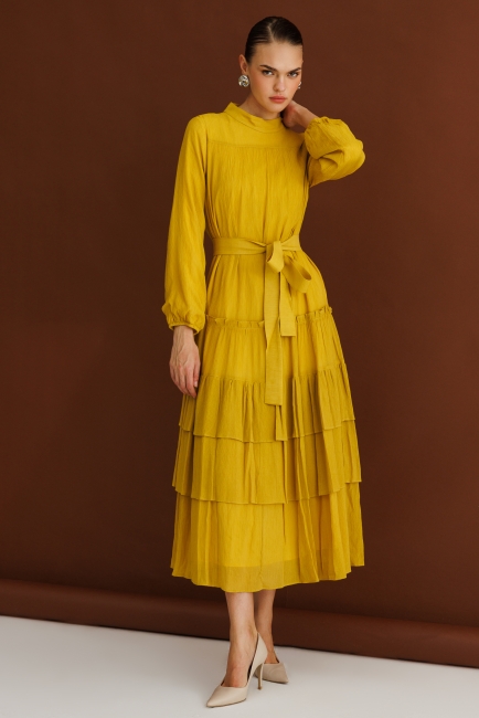 Mizalle - Mizalle Kat Pileli Maksi Koyu Sarı Elbise