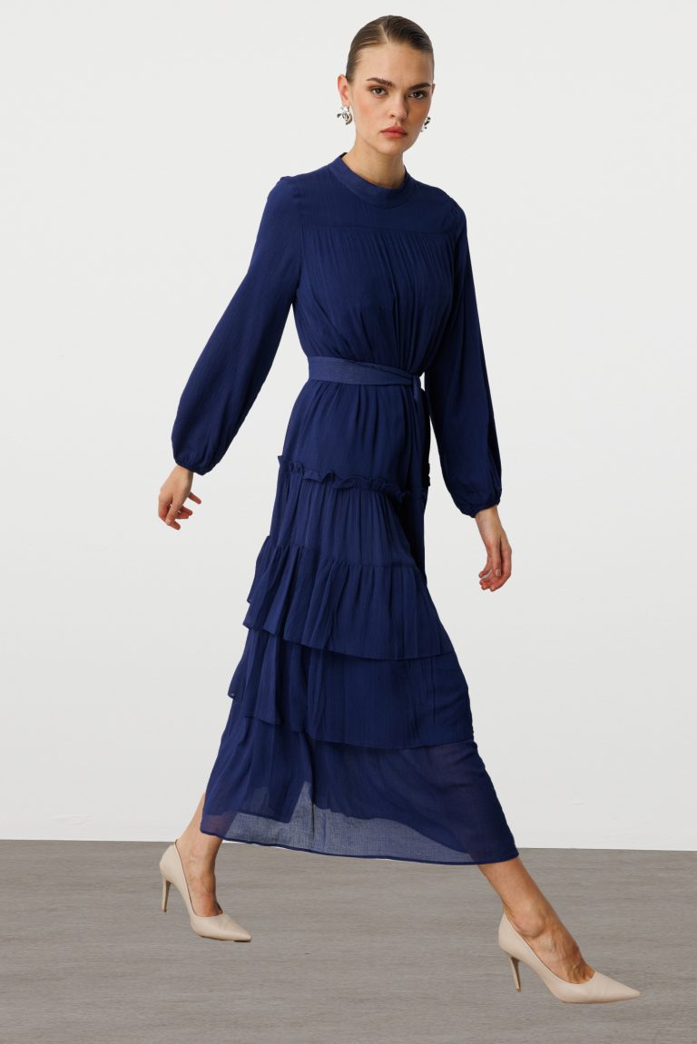 Mizalle Kat Pileli Maksi Lacivert Elbise - Mizalle