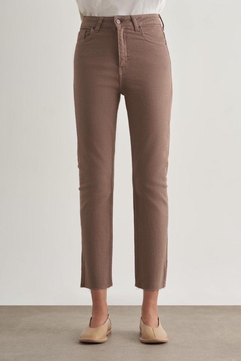 Mizalle Dar Kesim Kesik Paçalı Mom Fit Vizon Rengi Denim Pantolon - Mizalle