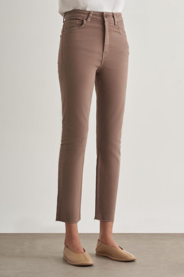 Mizalle Dar Kesim Kesik Paçalı Mom Fit Vizon Rengi Denim Pantolon - Mizalle