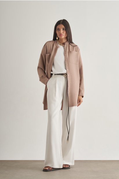 Mizalle Keten Dokulu Apoletli Bej Rengi Tunik - Mizalle