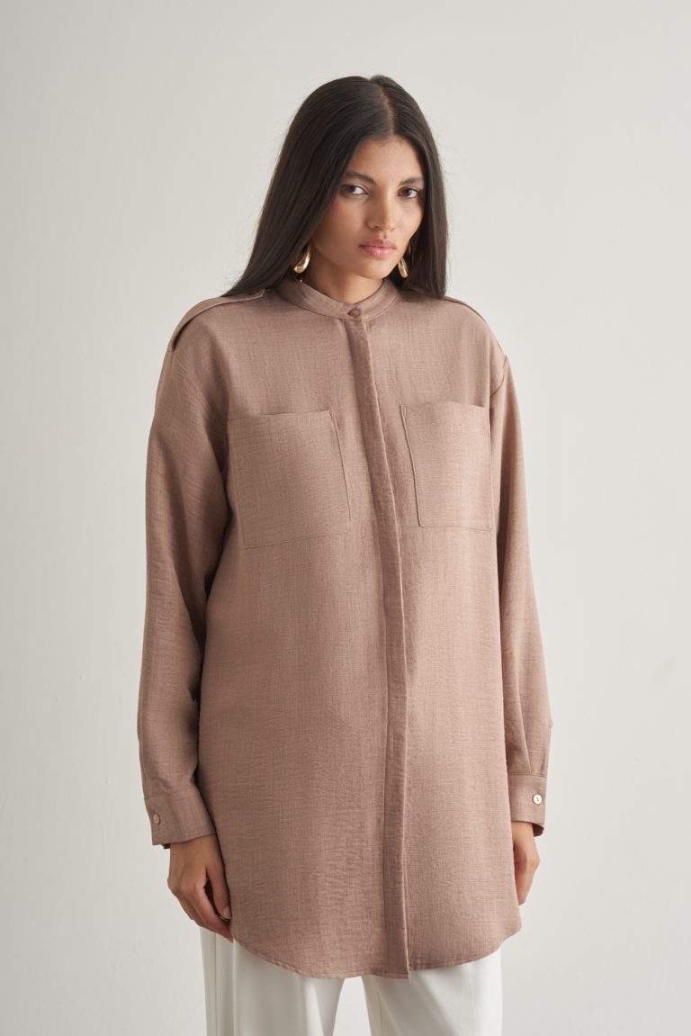 Mizalle Keten Dokulu Apoletli Bej Rengi Tunik - Mizalle