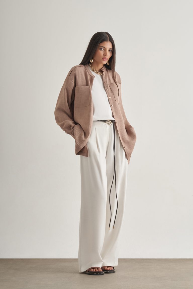 Mizalle Keten Dokulu Apoletli Bej Rengi Tunik - Mizalle