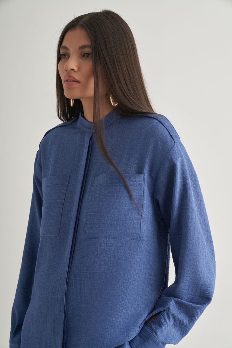 Mizalle Keten Dokulu Apoletli İndigo Mavi Tunik - Mizalle